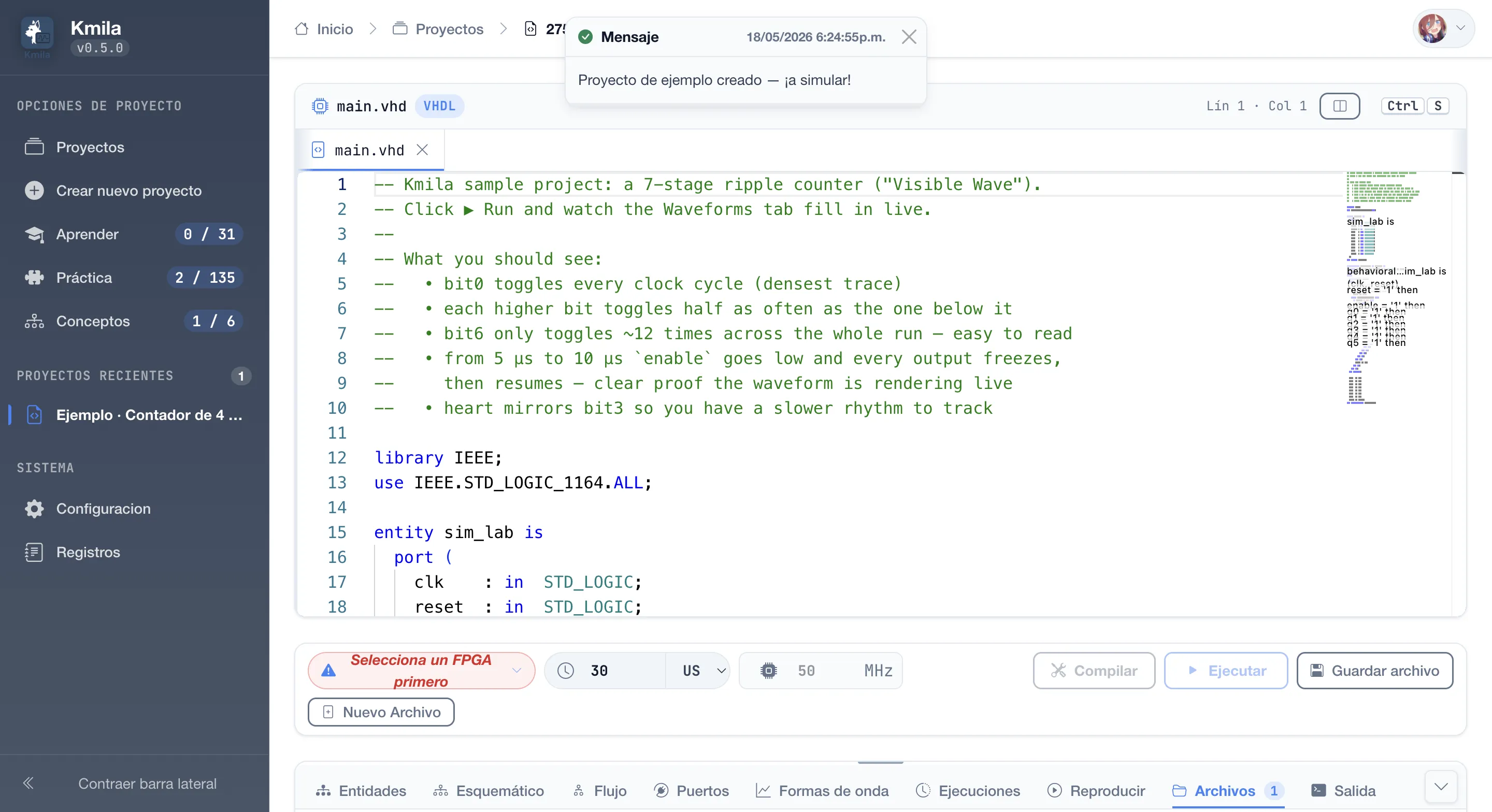 VHDL editor with autocomplete and live validation.